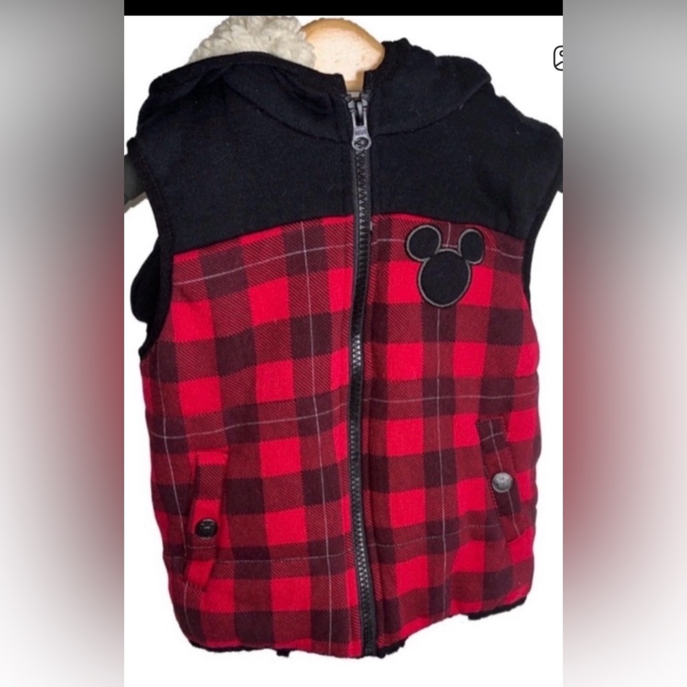 Disney Red and Black Plaid Hooded Vest with Mickey Patch (3T)